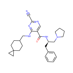 N#Cc1ncc(C(=O)N[C@H](Cc2ccccc2)CN2CCCC2)c(NCC2CCC3(CC2)CC3)n1 ZINC000040860024