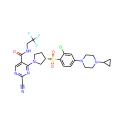 N#Cc1ncc(C(=O)NCC(F)(F)F)c(N2CC[C@H](S(=O)(=O)c3ccc(N4CCN(C5CC5)CC4)cc3Cl)C2)n1 ZINC000169685007