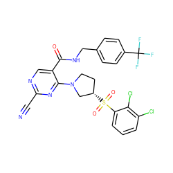 N#Cc1ncc(C(=O)NCc2ccc(C(F)(F)F)cc2)c(N2CC[C@H](S(=O)(=O)c3cccc(Cl)c3Cl)C2)n1 ZINC000168557341