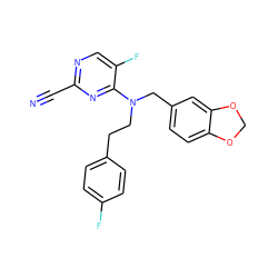 N#Cc1ncc(F)c(N(CCc2ccc(F)cc2)Cc2ccc3c(c2)OCO3)n1 ZINC001772625606