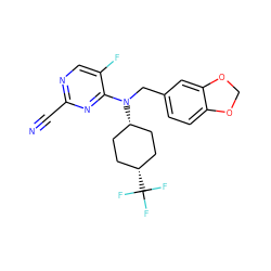 N#Cc1ncc(F)c(N(Cc2ccc3c(c2)OCO3)[C@H]2CC[C@@H](C(F)(F)F)CC2)n1 ZINC001772582212