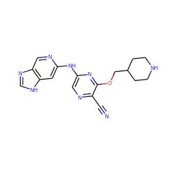 N#Cc1ncc(Nc2cc3[nH]cnc3cn2)nc1OCC1CCNCC1 ZINC000082154505