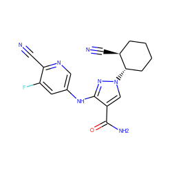 N#Cc1ncc(Nc2nn([C@H]3CCCC[C@@H]3C#N)cc2C(N)=O)cc1F ZINC000204947112