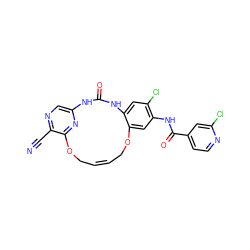 N#Cc1ncc2nc1OC/C=C\COc1cc(NC(=O)c3ccnc(Cl)c3)c(Cl)cc1NC(=O)N2 ZINC000028962756