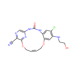 N#Cc1ncc2nc1OC/C=C\COc1cc(NCCO)c(Cl)cc1NC(=O)N2 ZINC000028962742