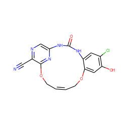 N#Cc1ncc2nc1OC/C=C\COc1cc(O)c(Cl)cc1NC(=O)N2 ZINC000028963177