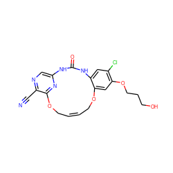 N#Cc1ncc2nc1OC/C=C\COc1cc(OCCCO)c(Cl)cc1NC(=O)N2 ZINC000028963188