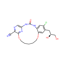 N#Cc1ncc2nc1OCCCCCOc1cc(C[C@H](O)CO)c(Cl)cc1NC(=O)N2 ZINC000014958350