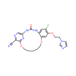 N#Cc1ncc2nc1OCCCCCOc1cc(OCCn3ccnc3)c(Cl)cc1NC(=O)N2 ZINC000014958238