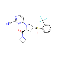 N#Cc1nccc(N2C[C@@H](S(=O)(=O)c3ccccc3C(F)(F)F)C[C@H]2C(=O)N2CCC2)n1 ZINC000168487600