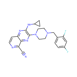 N#Cc1nccc2nc(NC3CC3)c(N3CCN(Cc4ccc(F)cc4F)CC3)nc12 ZINC000144114928