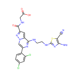 N#Cc1sc(NCCNc2nc(-c3ccc(Cl)cc3Cl)cn3nc(C(=O)NCC(=O)O)cc23)nc1N ZINC000043201675