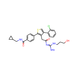 N/C(=N/C(=O)Cc1c(-c2ccccc2Cl)csc1-c1ccc(C(=O)NCC2CC2)cc1)NCCCO ZINC000028826090