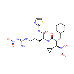 N/C(=N\[N+](=O)[O-])NCCC[C@H](NC(=O)[C@H](CC1CCCCC1)[C@H](C1CC1)N(O)C=O)C(=O)Nc1nccs1 ZINC000003923981