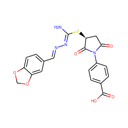 N/C(=N\N=C\c1ccc2c(c1)OCO2)S[C@H]1CC(=O)N(c2ccc(C(=O)O)cc2)C1=O ZINC000003014659