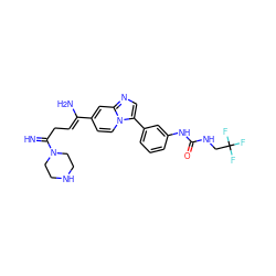 N=C(C/C=C(\N)c1ccn2c(-c3cccc(NC(=O)NCC(F)(F)F)c3)cnc2c1)N1CCNCC1 ZINC000169704607