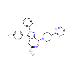 N=C(Cc1c(C(=O)N2CCC(c3ncccn3)CC2)nn(-c2ccccc2Cl)c1-c1ccc(Cl)cc1)NO ZINC000049757012