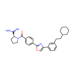 N=C(N)[C@@H]1CCCN1C(=O)c1ccc(-c2nc(-c3cccc(CCC4CCCCC4)c3)co2)cc1 ZINC000071329354