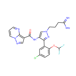 N=C(N)CCCn1cc(NC(=O)c2cnn3cccnc23)c(-c2cc(Cl)ccc2OC(F)F)n1 ZINC001772656900