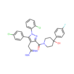 N=C(N)Cc1c(C(=O)N2CCC(O)(c3ccc(F)cc3)CC2)nn(-c2ccccc2Cl)c1-c1ccc(Cl)cc1 ZINC000049766989