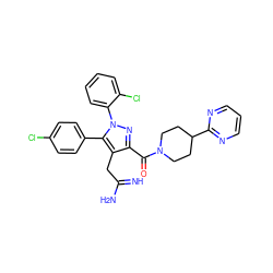 N=C(N)Cc1c(C(=O)N2CCC(c3ncccn3)CC2)nn(-c2ccccc2Cl)c1-c1ccc(Cl)cc1 ZINC000049771276