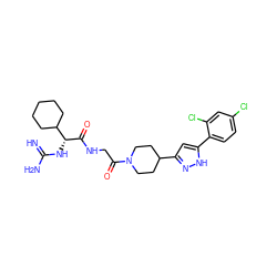 N=C(N)N[C@@H](C(=O)NCC(=O)N1CCC(c2cc(-c3ccc(Cl)cc3Cl)[nH]n2)CC1)C1CCCCC1 ZINC000026844612