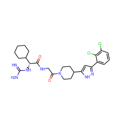 N=C(N)N[C@@H](C(=O)NCC(=O)N1CCC(c2cc(-c3cccc(Cl)c3Cl)n[nH]2)CC1)C1CCCCC1 ZINC000014880973