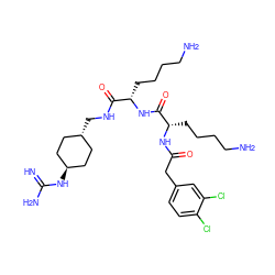 N=C(N)N[C@H]1CC[C@H](CNC(=O)[C@H](CCCCN)NC(=O)[C@H](CCCCN)NC(=O)Cc2ccc(Cl)c(Cl)c2)CC1 ZINC000299836981