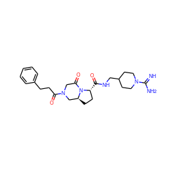 N=C(N)N1CCC(CNC(=O)[C@@H]2CC[C@H]3CN(C(=O)CCc4ccccc4)CC(=O)N32)CC1 ZINC000013440683