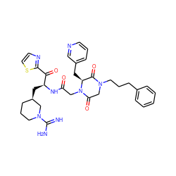 N=C(N)N1CCC[C@@H](C[C@H](NC(=O)CN2C(=O)CN(CCCc3ccccc3)C(=O)[C@@H]2Cc2cccnc2)C(=O)c2nccs2)C1 ZINC000026566505