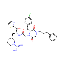 N=C(N)N1CCC[C@@H](C[C@H](NC(=O)CN2C(=O)CN(CCCc3ccccc3)C(=O)[C@H]2Cc2ccc(Cl)cc2)C(=O)c2nccs2)C1 ZINC000026498411