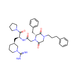 N=C(N)N1CCC[C@@H](C[C@H](NC(=O)CN2C(=O)CN(CCCc3ccccc3)C(=O)[C@H]2Cc2ccccc2)C(=O)N2CCCC2)C1 ZINC000026505258