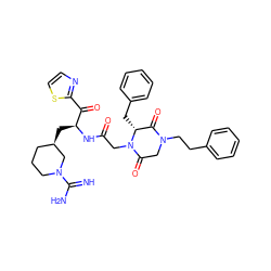 N=C(N)N1CCC[C@@H](C[C@H](NC(=O)CN2C(=O)CN(CCc3ccccc3)C(=O)[C@H]2Cc2ccccc2)C(=O)c2nccs2)C1 ZINC000026502945