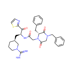 N=C(N)N1CCC[C@@H](C[C@H](NC(=O)CN2C(=O)CN(Cc3ccccc3)C(=O)[C@H]2Cc2ccccc2)C(=O)c2nccs2)C1 ZINC000026500768