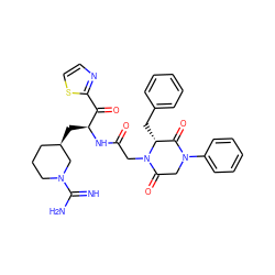 N=C(N)N1CCC[C@@H](C[C@H](NC(=O)CN2C(=O)CN(c3ccccc3)C(=O)[C@H]2Cc2ccccc2)C(=O)c2nccs2)C1 ZINC000029125613