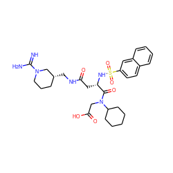 N=C(N)N1CCC[C@@H](CNC(=O)C[C@H](NS(=O)(=O)c2ccc3ccccc3c2)C(=O)N(CC(=O)O)C2CCCCC2)C1 ZINC000027305083