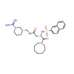 N=C(N)N1CCC[C@@H](CNC(=O)C[C@H](NS(=O)(=O)c2ccc3ccccc3c2)C(=O)N2CCCCCCC2)C1 ZINC000027305297