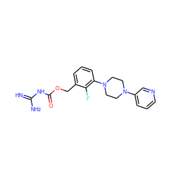 N=C(N)NC(=O)OCc1cccc(N2CCN(c3cccnc3)CC2)c1F ZINC000143767956