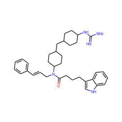 N=C(N)NC1CCC(CC2CCC(N(C/C=C/c3ccccc3)C(=O)CCCc3c[nH]c4ccccc34)CC2)CC1 ZINC000028826253