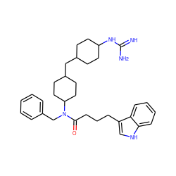 N=C(N)NC1CCC(CC2CCC(N(Cc3ccccc3)C(=O)CCCc3c[nH]c4ccccc34)CC2)CC1 ZINC000028826251