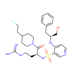 N=C(N)NCC[C@H](NS(=O)(=O)c1cnccc1N[C@H](CO)Cc1ccccc1)C(=O)N1CCC(CCF)CC1 ZINC000036093435