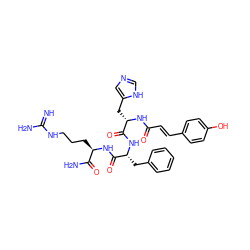 N=C(N)NCCC[C@@H](NC(=O)[C@@H](Cc1ccccc1)NC(=O)[C@H](Cc1cnc[nH]1)NC(=O)/C=C/c1ccc(O)cc1)C(N)=O ZINC000049694483