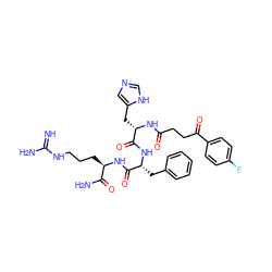 N=C(N)NCCC[C@@H](NC(=O)[C@@H](Cc1ccccc1)NC(=O)[C@H](Cc1cnc[nH]1)NC(=O)CCC(=O)c1ccc(F)cc1)C(N)=O ZINC000049680306