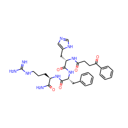 N=C(N)NCCC[C@@H](NC(=O)[C@@H](Cc1ccccc1)NC(=O)[C@H](Cc1cnc[nH]1)NC(=O)CCC(=O)c1ccccc1)C(N)=O ZINC000049679613