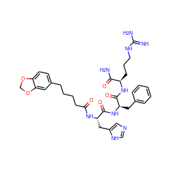 N=C(N)NCCC[C@@H](NC(=O)[C@@H](Cc1ccccc1)NC(=O)[C@H](Cc1cnc[nH]1)NC(=O)CCCCc1ccc2c(c1)OCO2)C(N)=O ZINC000049679616