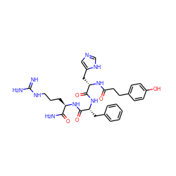 N=C(N)NCCC[C@@H](NC(=O)[C@@H](Cc1ccccc1)NC(=O)[C@H](Cc1cnc[nH]1)NC(=O)CCc1ccc(O)cc1)C(N)=O ZINC000049679320