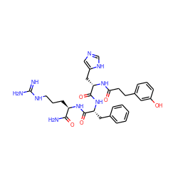 N=C(N)NCCC[C@@H](NC(=O)[C@@H](Cc1ccccc1)NC(=O)[C@H](Cc1cnc[nH]1)NC(=O)CCc1cccc(O)c1)C(N)=O ZINC000049677740