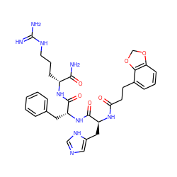 N=C(N)NCCC[C@@H](NC(=O)[C@@H](Cc1ccccc1)NC(=O)[C@H](Cc1cnc[nH]1)NC(=O)CCc1cccc2c1OCO2)C(N)=O ZINC000049694880