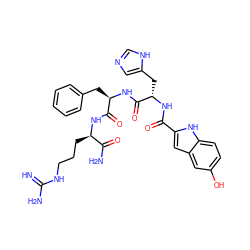 N=C(N)NCCC[C@@H](NC(=O)[C@@H](Cc1ccccc1)NC(=O)[C@H](Cc1cnc[nH]1)NC(=O)c1cc2cc(O)ccc2[nH]1)C(N)=O ZINC000049679053