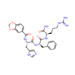 N=C(N)NCCC[C@@H](NC(=O)[C@@H](Cc1ccccc1)NC(=O)[C@H](Cc1cnc[nH]1)NC(=O)c1ccc2c(c1)OCO2)C(N)=O ZINC000049678860